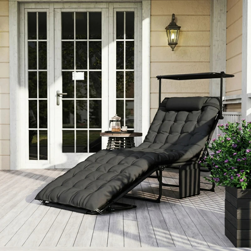 Folding Lounge Chair with Adjustable Canopy, 4-Position Outdoor Tanning Chair with Headrest, Dark Grey