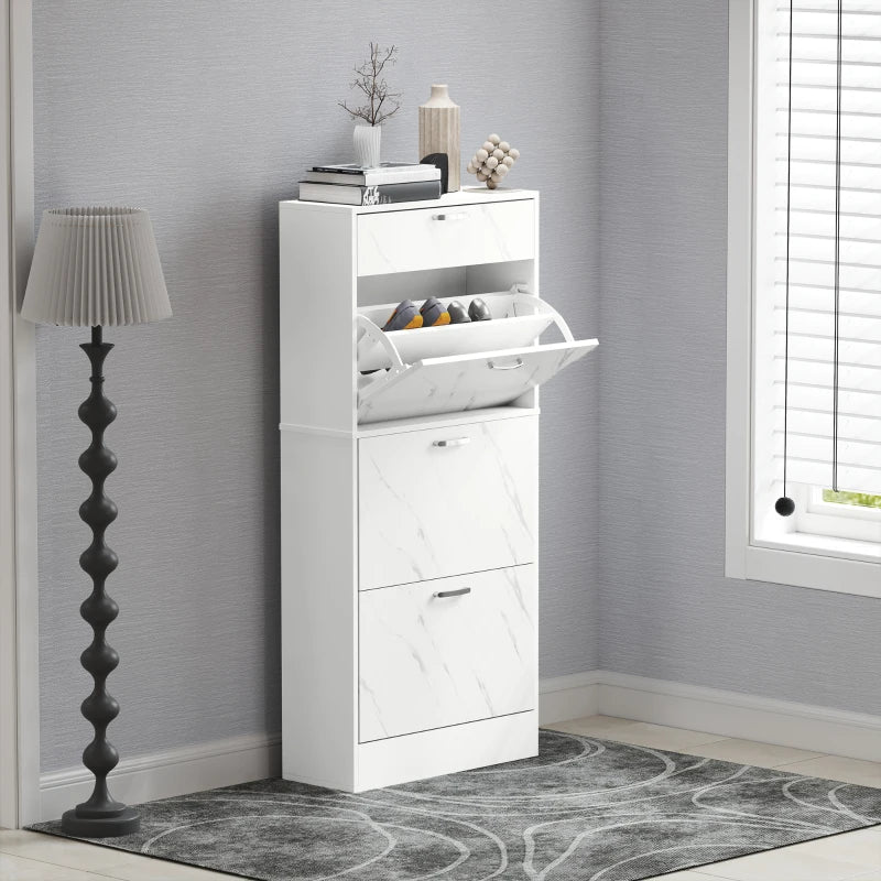 3 Flip Drawer Shoe Cabinet, Marble-Effect Narrow Shoe Storage Cabinet with Top Drawer and Adjustable Shelves, White