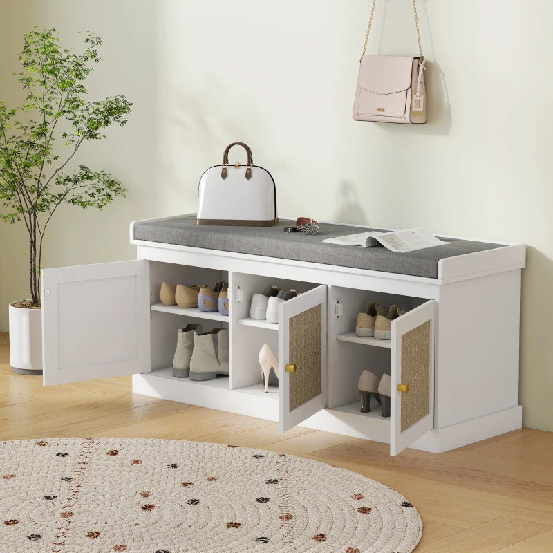 Shoe Storage Bench with Woven Rattan Doors, Shoe Bench with Cushion, Adjustable Shelves, Entryway Bench, White