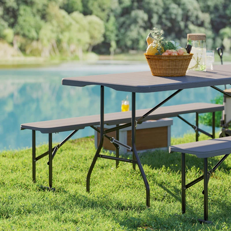 6FT 3PCS Faux Rattan Outdoor Camping Table Bench Set with Carrying Handles, Folding Picnic Table with 2 Benches, Brown