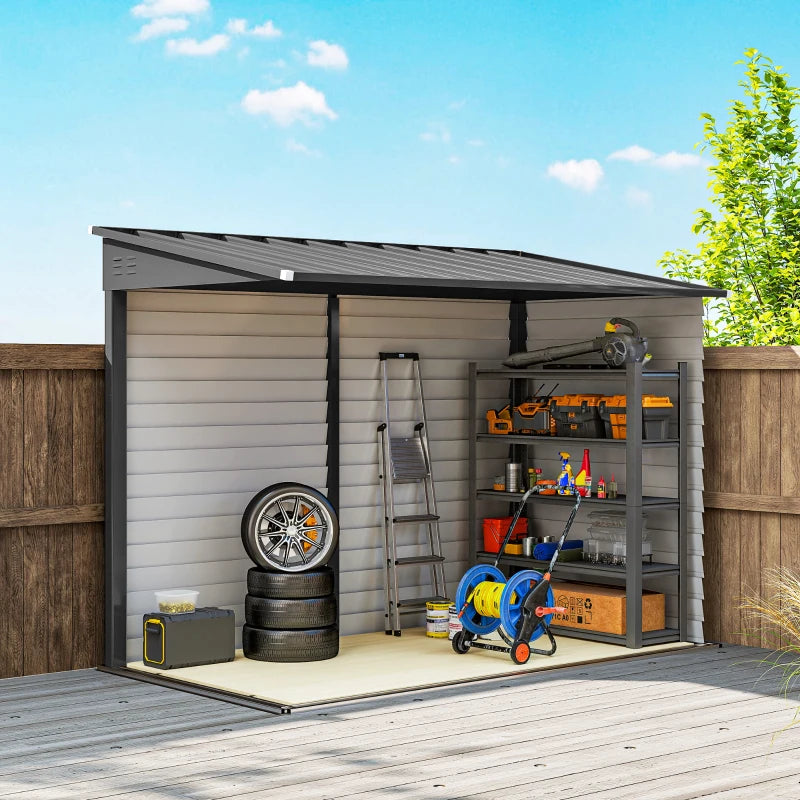 4.6' x 9' Steel Outdoor Storage Shed, Lean to Shed, Metal Tool House with Foundation Kit, Lockable Doors, Gloves and 2 Air Vents for Backyard, Patio, Lawn, Dark Grey