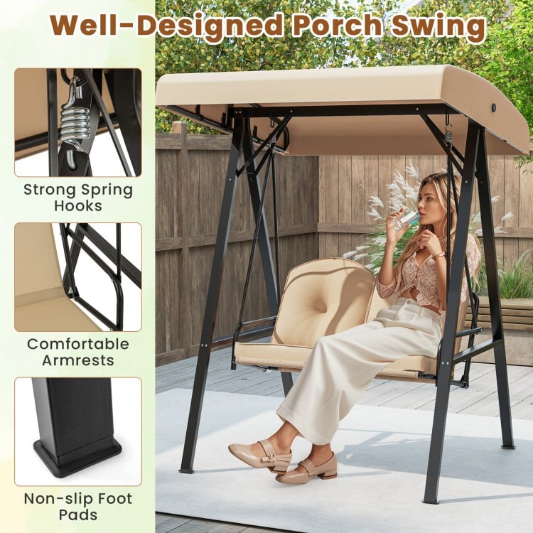 2-Person Outdoor Porch Swing with A-Shaped Metal Stand and Adjustable Canopy-Beige