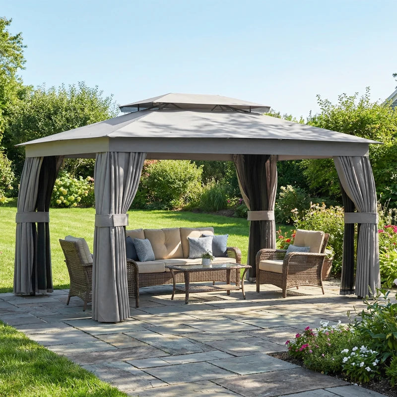 10' x 12.5' Outdoor Gazebo with Curtains and Netting, Double Roof Metal Patio Gazebo Canopy Shelter with Hook, Dark Grey