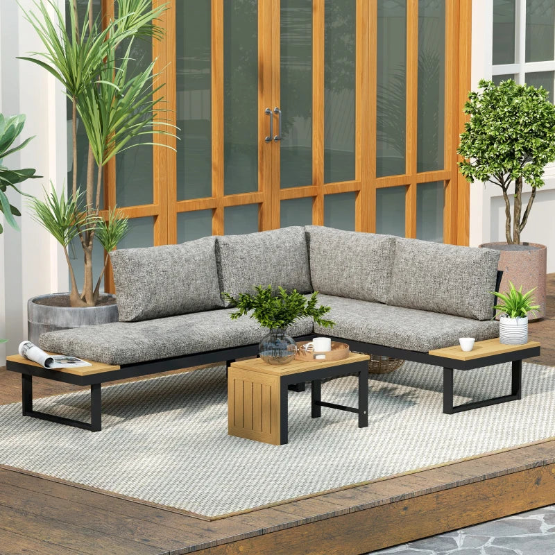 3 Pieces Aluminum Corner Patio Furniture Set Sectional Outdoor Sofa Set with 2 Loveseats Wood-Plastic Coffee Table