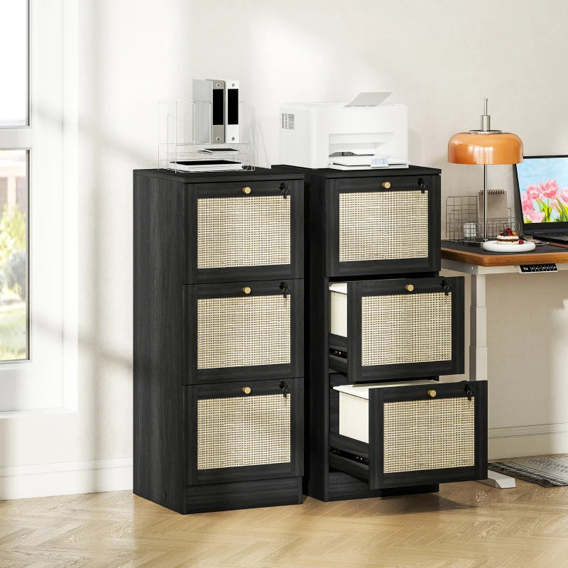 3 Drawer Filing Cabinet with Lock, Boho File Cabinet for A4 Letter Size Files with Decorative Rattan Accents, Black
