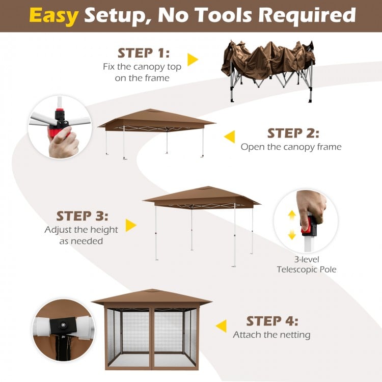 11.5 x 11.5 FT Pop-up Canopy Instant One-Person Setup with Mesh Screen Netting-Brown