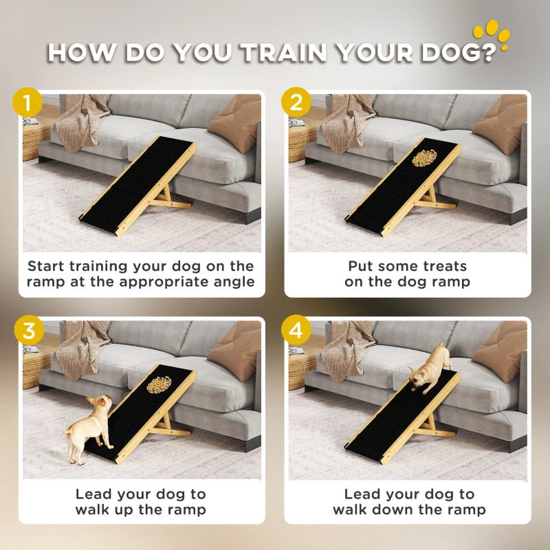33" Foldable Dog Ramp with 4-Level Adjustable Height for Bed, Couch, for Small and Medium Dogs, Natural Wood