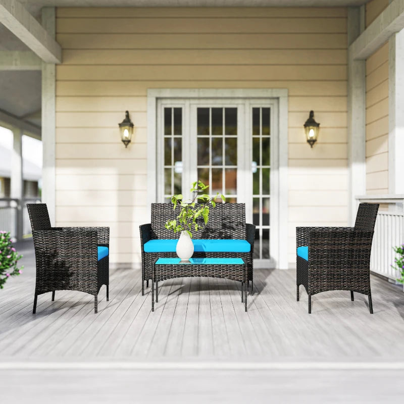 4 Pieces Wicker Outdoor Balcony Furniture Set Rattan Patio Furniture Set with Loveseat Chairs Glass Coffee Table Turquoise