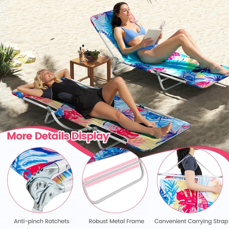 2 Pieces 5-position Lay Flat Beach Recliner with Carry Strap and Metal Frame-Pink