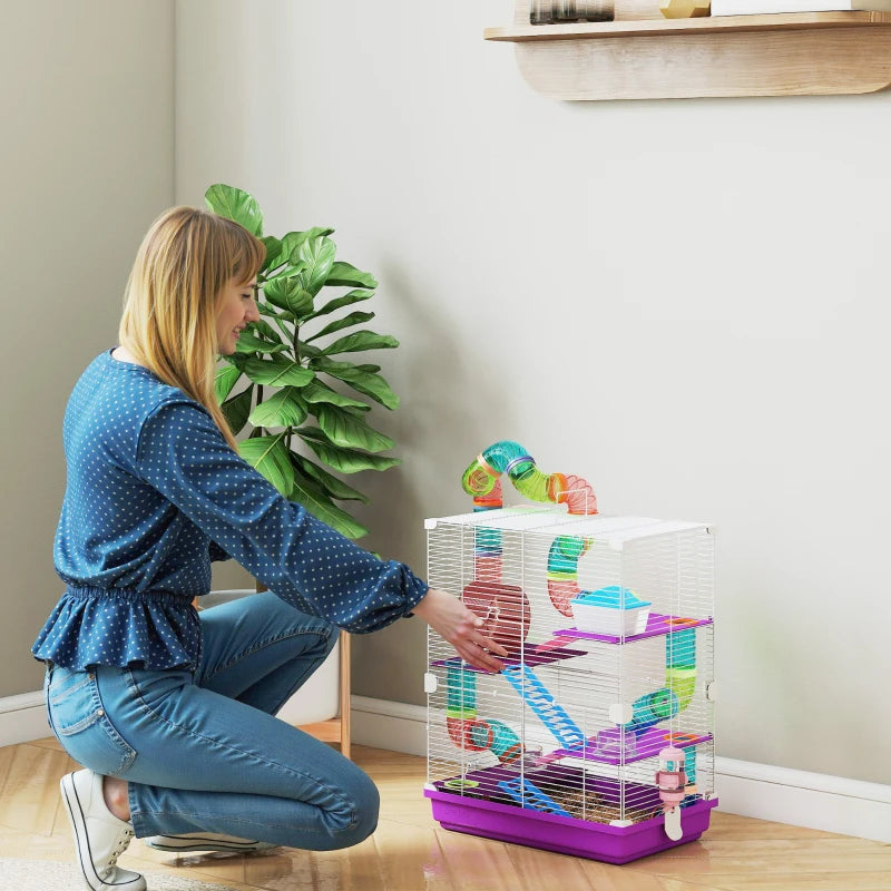 5 Tiers Hamster Cage Portable with Exercise Wheels Play Tube Water Bottle Dishes House Ladder for Gerbils, Purple
