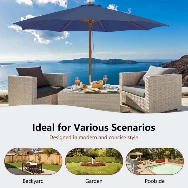 10 Feet Patio Umbrella with 8 Wooden Ribs and 3 Adjustable Heights-Navy