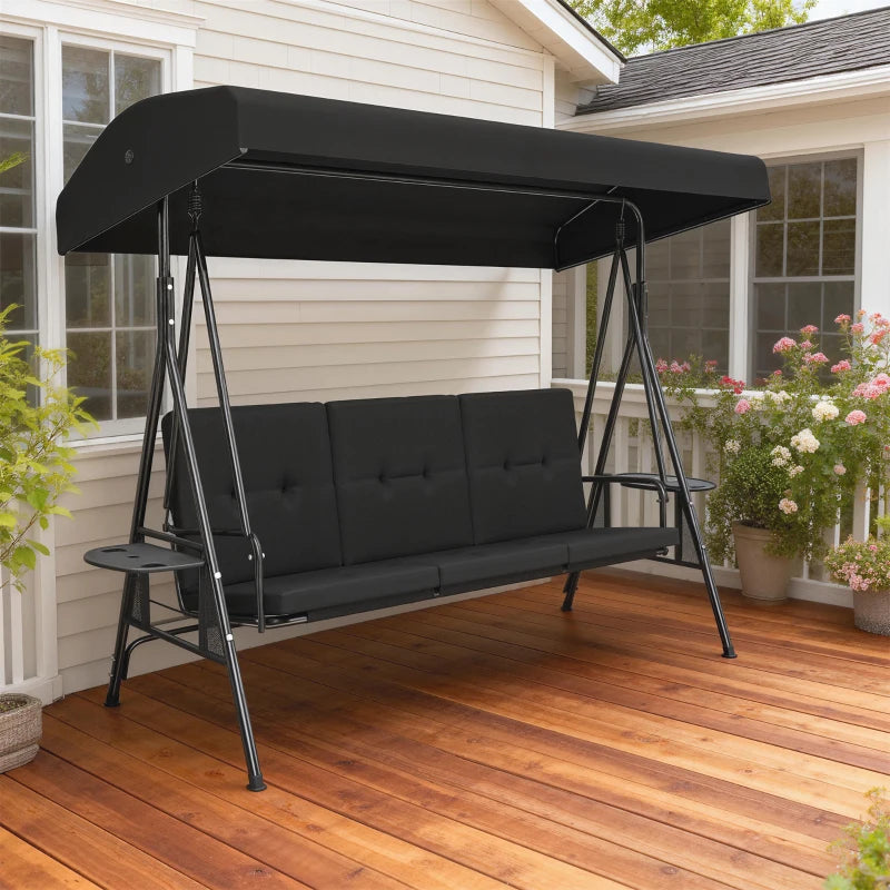 3-Seat Outdoor Porch Swing Patio Swing with Adjustable Canopy, Side Tray, Removable Cushion for Garden, Poolside, Black