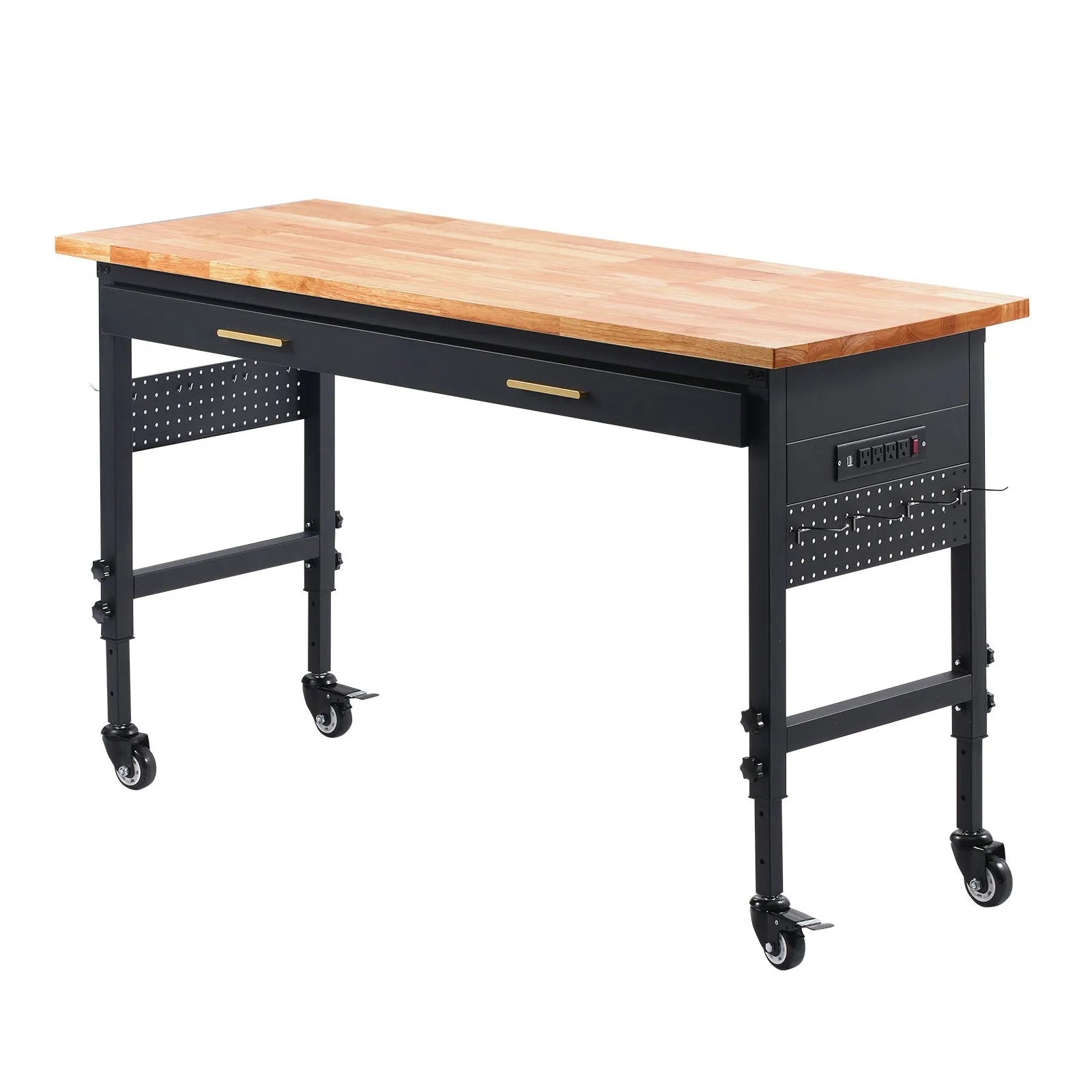 VEVOR 60" Workbench on Wheels Adjustable Height Table with Power Outlet & Drawer