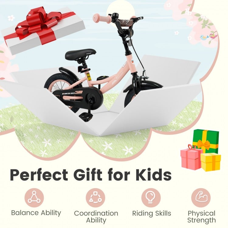 12 Inch Kids Bike Adjustable with Removable Training Wheels Pink for 3-8 Years Old
