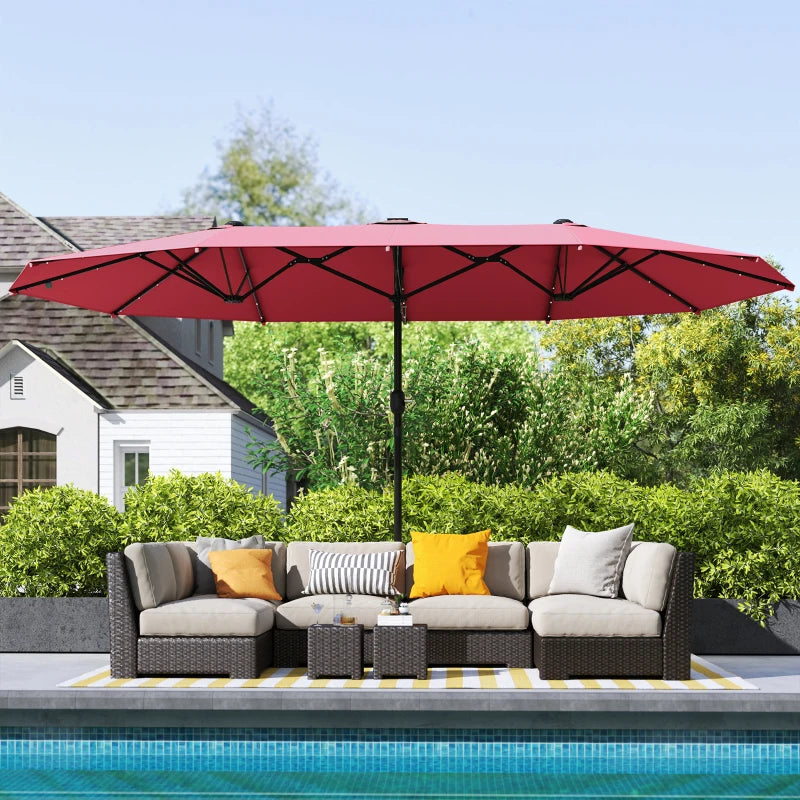 173.2" Double-Sided Sun Umbrella Garden Parasol Patio Sun Shade Outdoor with LED Solar Light, No Base Included, Wine Red