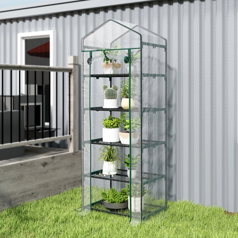 5 Tier Mini Greenhouse, Portable Outdoor Flower Stand with Shelf Clips, Indoor Greenhouse with Steel Frame, Transparent, 27.25" x 19.25" x 76", Clear