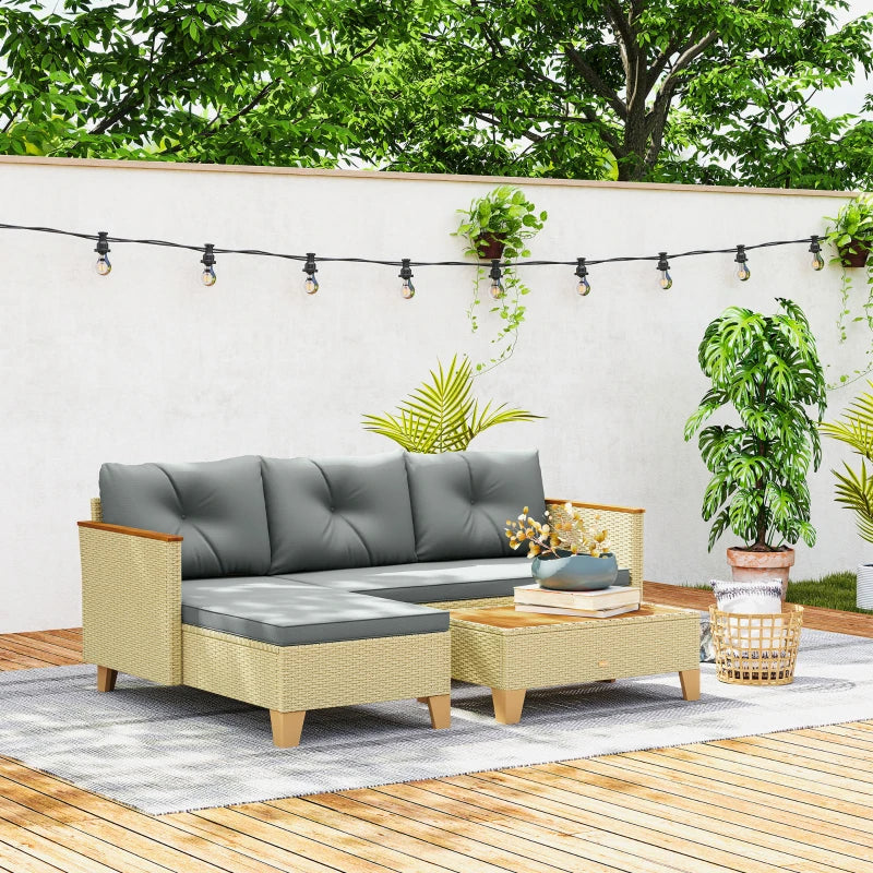 3 Piece Patio Furniture Set, L-Shaped Outdoor Furniture Conversation Set with Wood Top Coffee Table, Light Grey