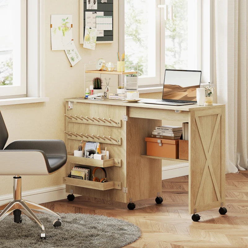 Sewing Machine Table on Wheels, Folding Craft Table with 2 Bins, Storage Shelf, 18 Pegs, Lockable Wheels, Natural