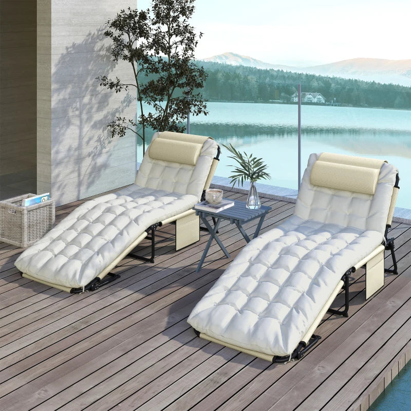 2-Piece Folding Lounge Chairs with Adjustable Backrest, Tanning Chair with Cushion, Side Pocket, Headrest, Beige