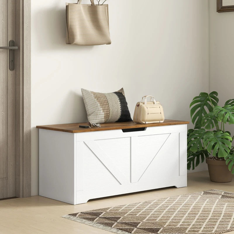 39.4 Inches Storage Chest, Storage Trunk with 2 Safety Hinges for Living Room, Brown and White Wood Grain