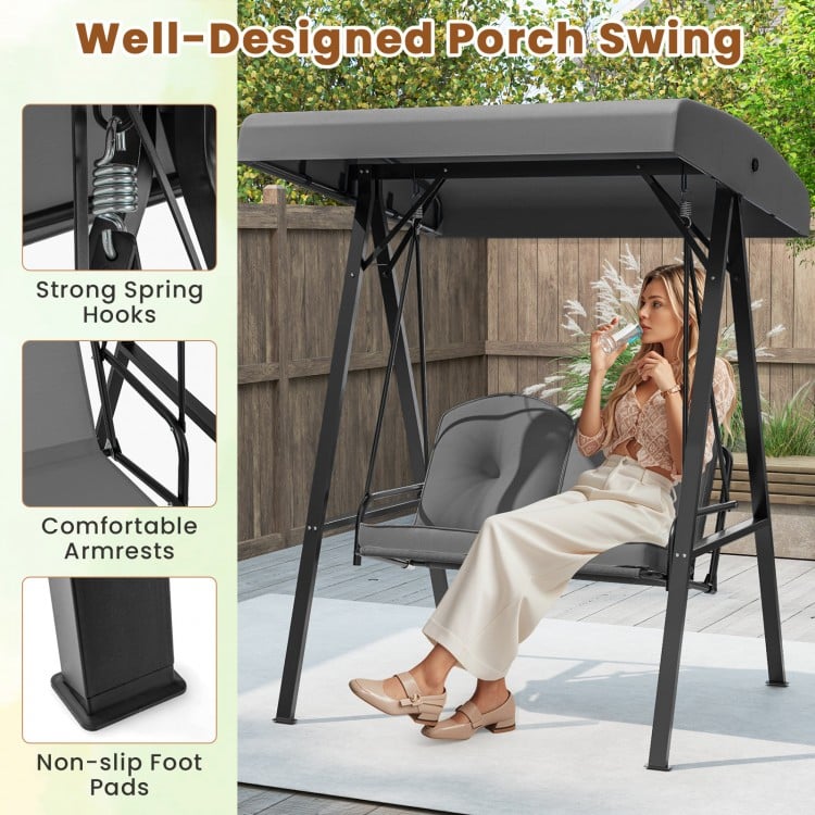 2-Person Outdoor Porch Swing with A-Shaped Metal Stand and Adjustable Canopy-Gray
