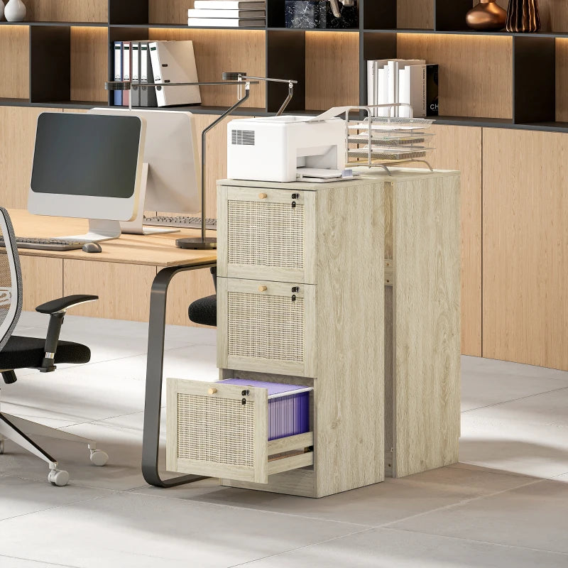 3 Drawer Filing Cabinet with Lock, Boho File Cabinet for A4 Letter Size Files with Decorative Rattan Accents, Oak
