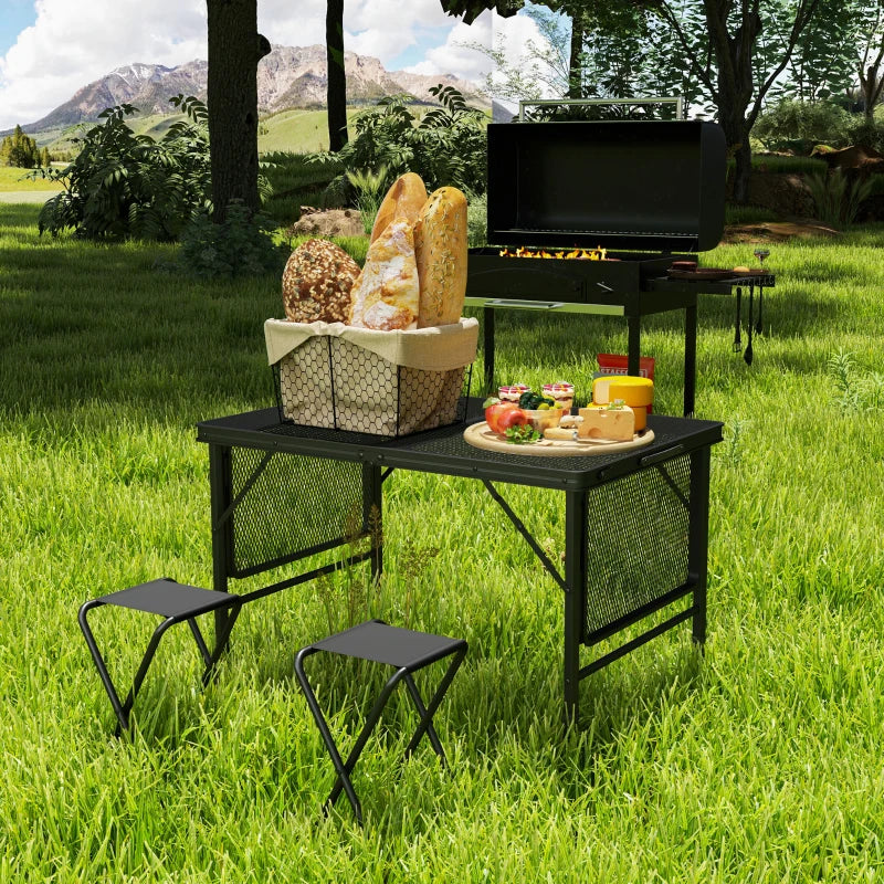4.5ft Folding Grill Table, Height Adjustable Camping Table w/ Wing Panels, Metal Portable Picnic Table w/ Mesh Desktop
