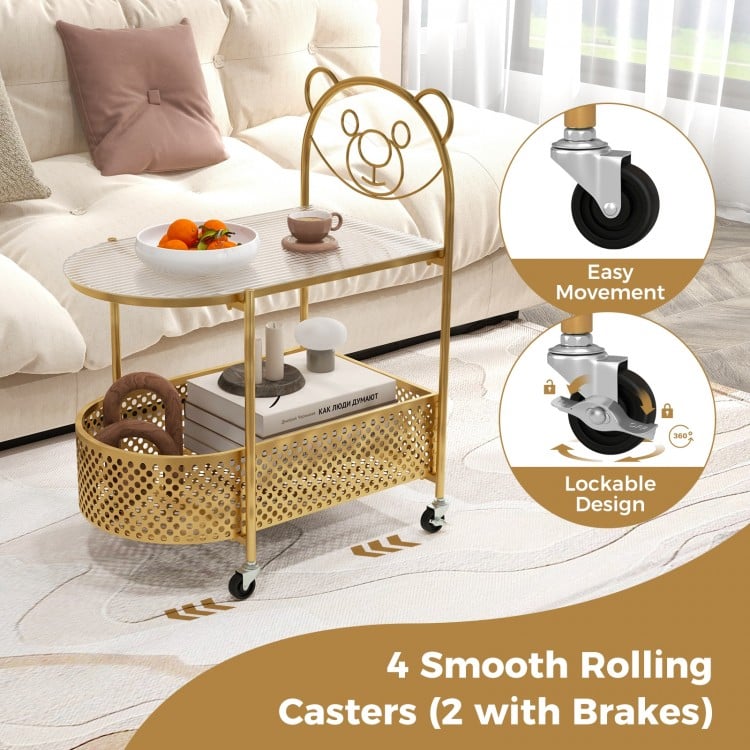 2-Tier Mobile Glass Coffee Table with Bear Pattern-Golden