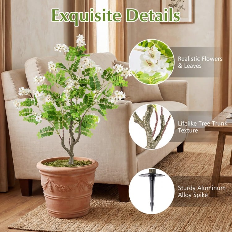 2 Pack Artificial Locust Flower Trees 39 Inch Fake Evergreen Shrubs with Ground Spikes-White
