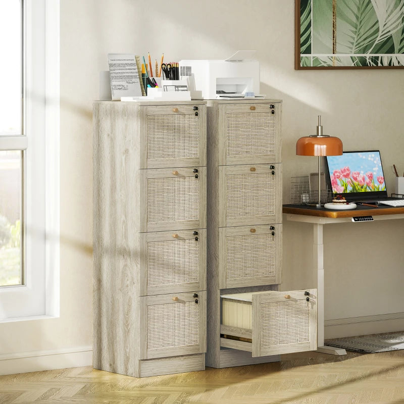 4 Drawer Filing Cabinet with Lock, Boho File Cabinet for A4 Letter Size Files with Decorative Rattan Accents, Oak