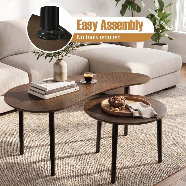 2 Pieces Mid Century Nesting Tables with Rubber Wood Legs-Walnut