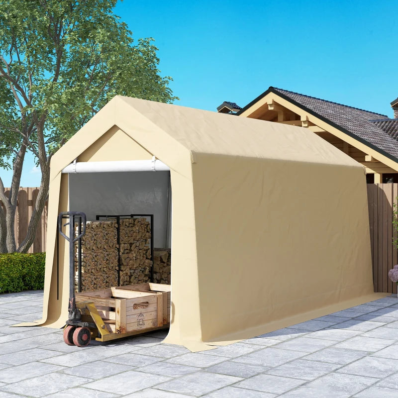 7' x 12' Outdoor Storage Shed Portable Garage with Roll-up Door for Motorcycle, Bike, Garden Tools, Beige