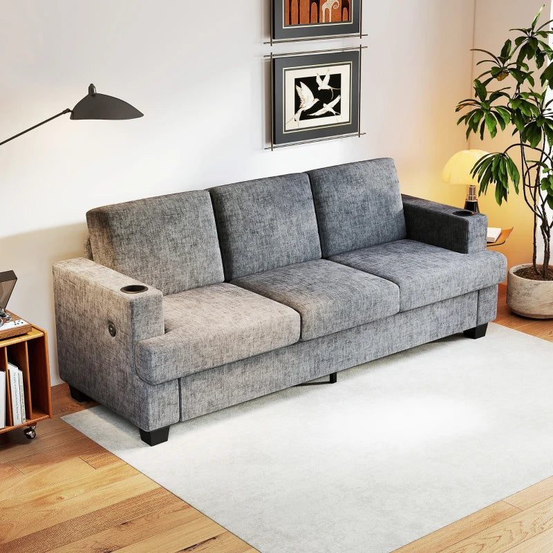 3 Seater Sofa with USB Ports & Cup Holders, Chenille-Feel Upholstered Couch for Living Room, Grey
