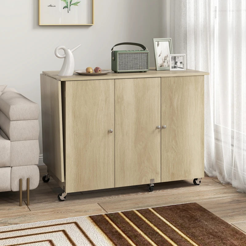 Sewing Machine Table with Drop Leaf, Folding Craft Table with 2 Doors and Adjustable Shelf for Small Spaces, Natural