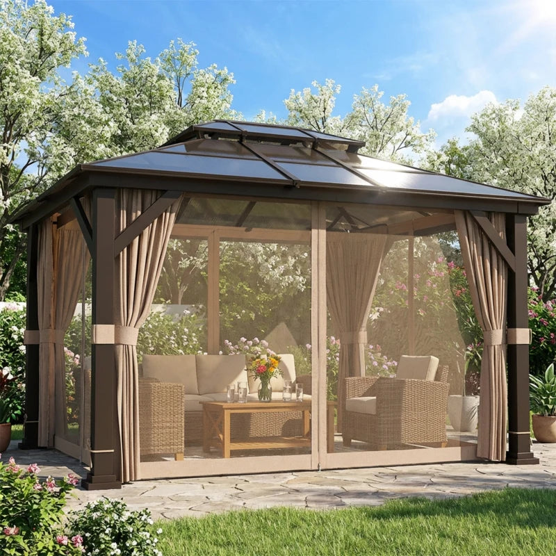 10' x 12' Hardtop Gazebo Canopy with Double PC Roof, Steel Permanent Outdoor Gazebo with Curtains and Netting, Khaki