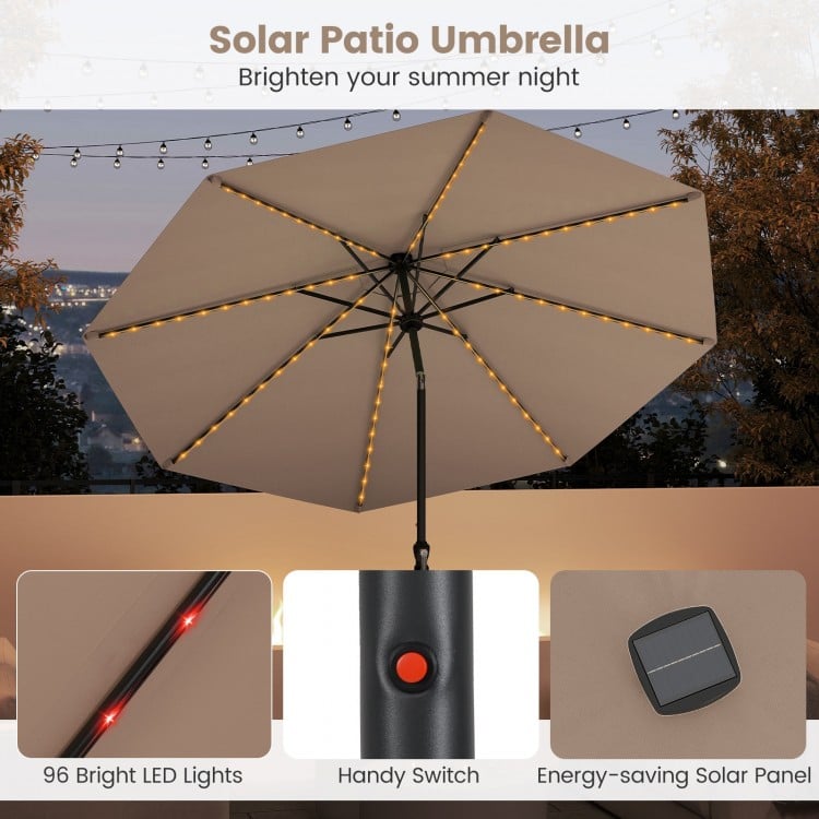 10 Feet Solar Patio Umbrella with 96 Multi-Colored Flowing LED Lights and Tilt Adjustment-Beige