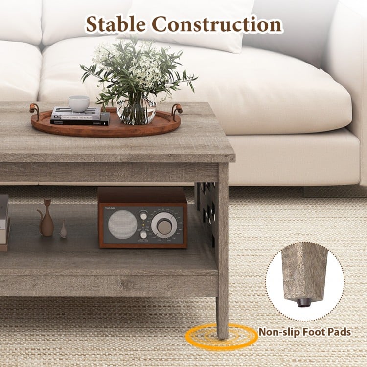 2-Tier Farmhouse Coffee Table with Open Shelf and Woven Decorations for Living Room-Oak