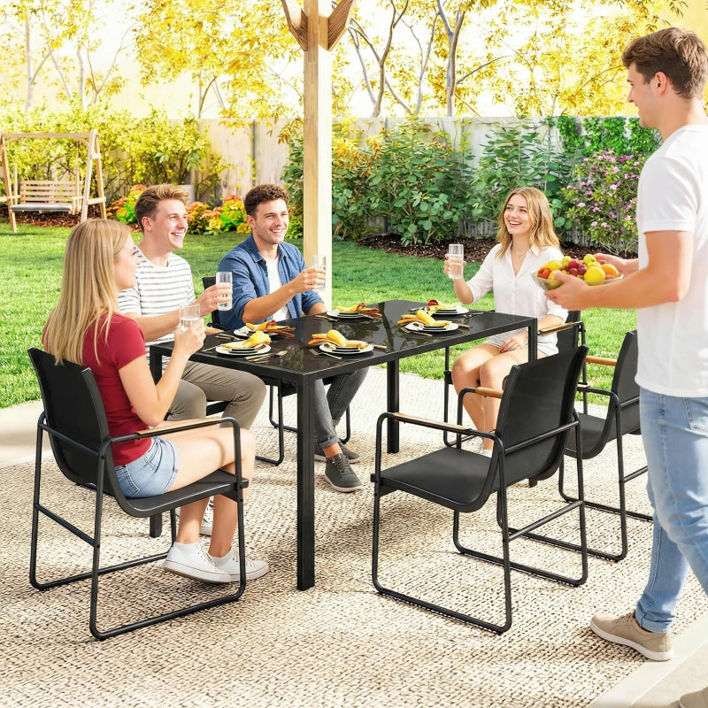 7 Pieces Outdoor Dining Set for 6, Glass Patio Table and Chairs with Decorative Armrests, All Weather Mesh, Black