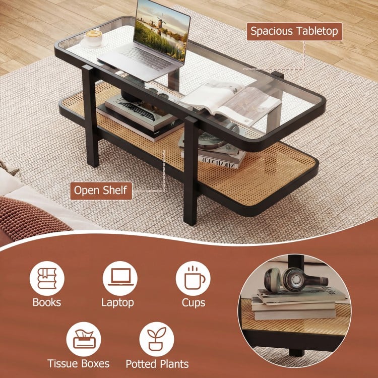 2-Tier Coffee Table with Storage and Tempered Glass Tabletop-Black