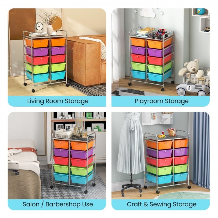 10-Drawer Rolling Storage Cart-Deep Multicolor