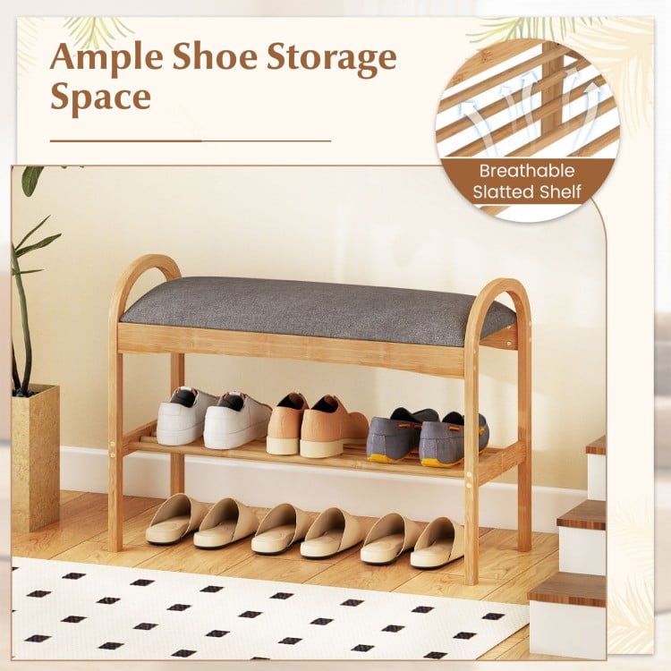 2-Tier Bamboo Shoe Bench with Padded Cushion and Shelf-Gray