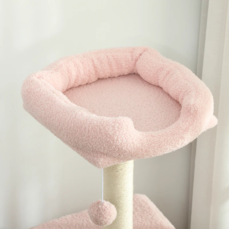 47" Tall Cat Tree Tower with Condo, Ladder, Scratching Posts and Hanging Ball, Pink
