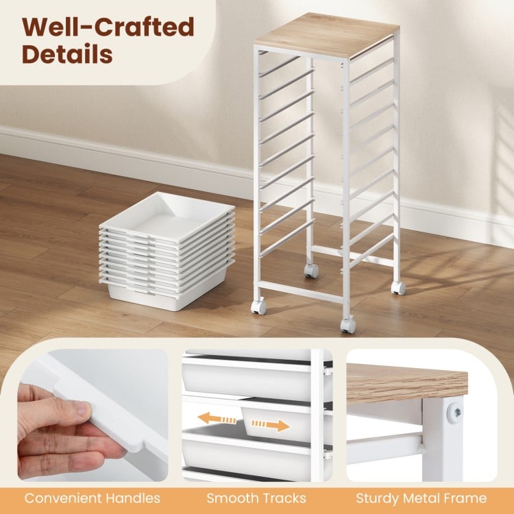 10-Drawer Rolling Storage Cart Mobile Utility Organizer with Wooden Tabletop and Lockable Wheels-White