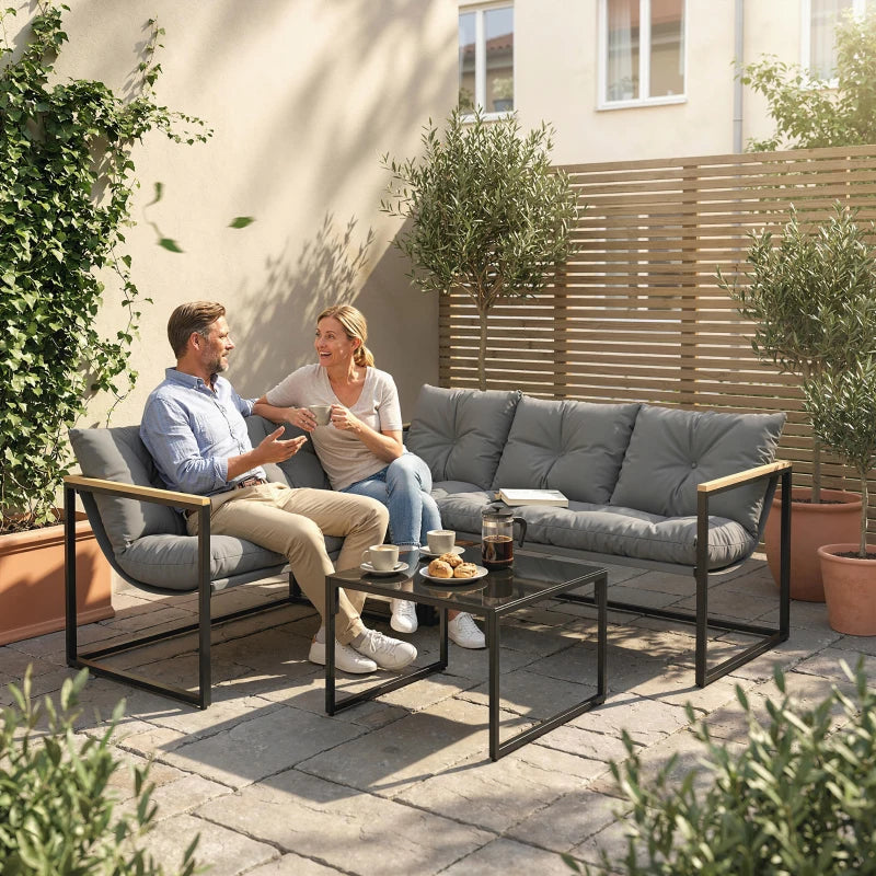 4 Piece Patio Furniture Set with Thick Cushions and Coffee Table, Patio Conversation Set for Porch, Balcony, Deck, Grey
