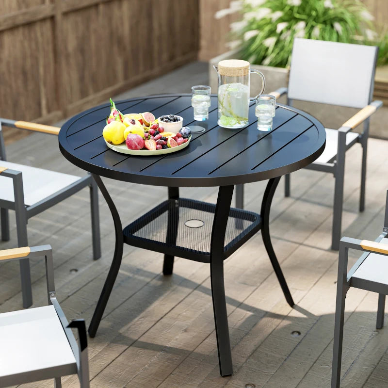 35.5" Round Outdoor Dining Table for 4, Metal Garden Patio Table with 1.6"-2" Umbrella Hole, Shelf, Slatted Top, Black