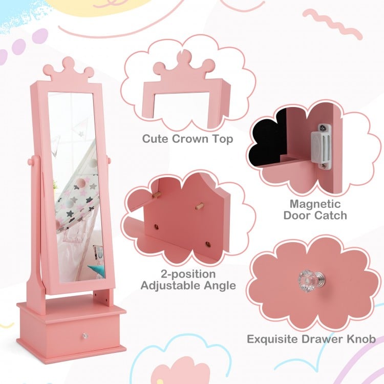 2-in-1 Kids Play Jewelry Armoire with Full Length Mirror and Drawers-Pink