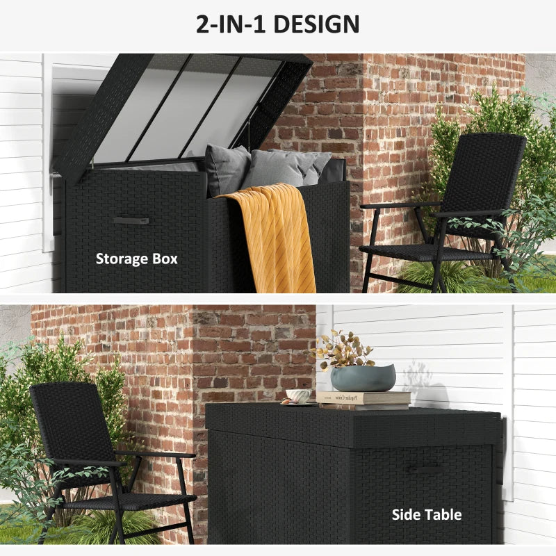 165 Gallon Deck Box, Wicker Outdoor Patio Storage Box with Waterproof Liner, Gas Strut and Universal Wheels, Black