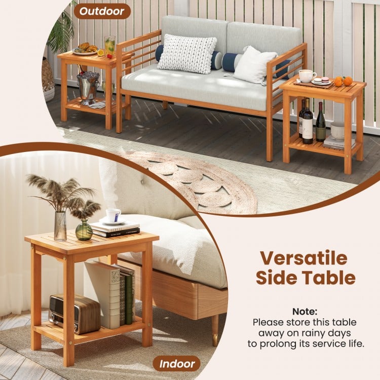 2-Tier Outdoor Acacia Wood Side Table with Slatted Tabletop and Storage Shelf