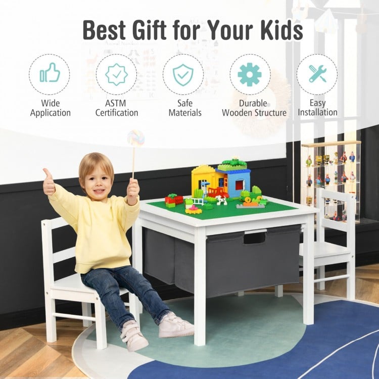 2-in-1 Kids Double-sided Activity Building Block Table with Drawers-White