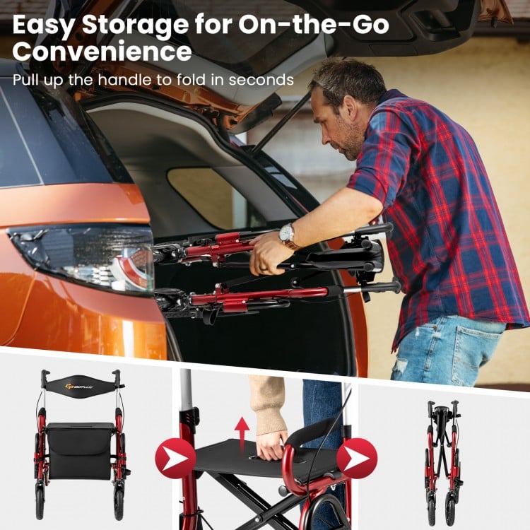 2-in-1 Foldable Rollator Walker with Seat abd 9 Inch Pneumatic Tires for Seniors-Red